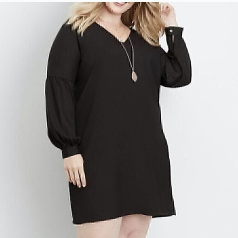 MAURICES Solid Balloon Sleeve Shift Dress Black V-Neck Long Sleeve Knee Length